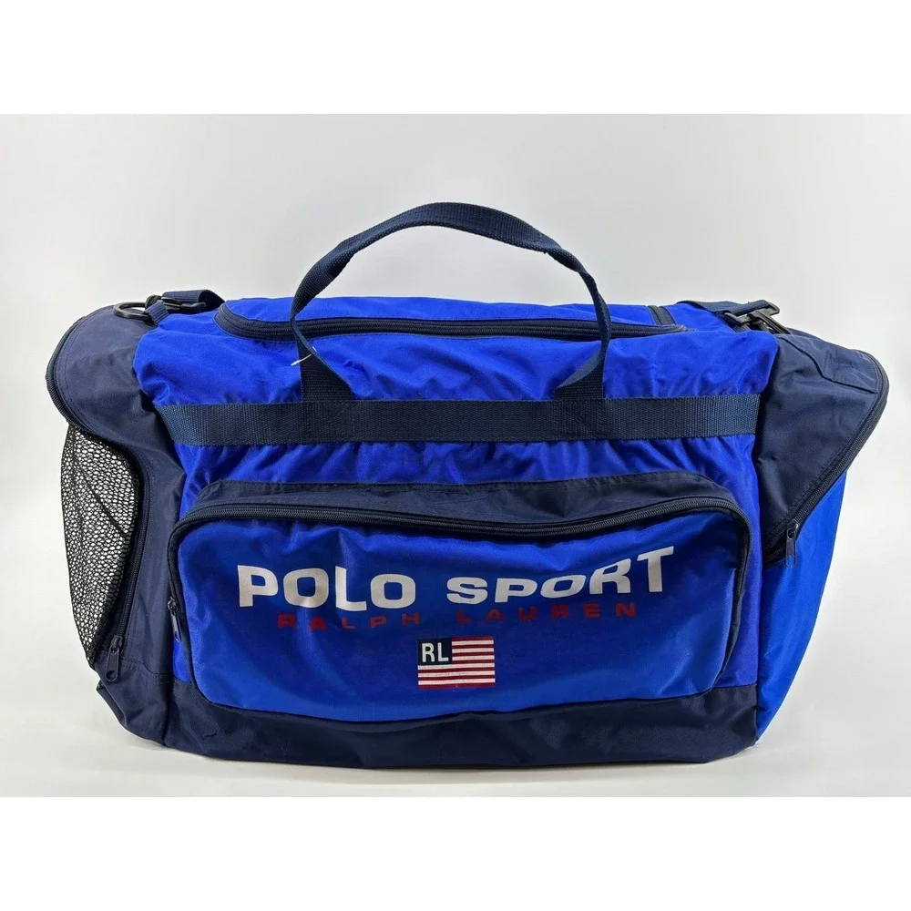 Polo Ralph Lauren Sport Duffel Bag Blue Black US Flag Logo Vintage Mens Travel